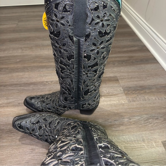 Corral Glitter Inlay Floral Overlay Crystals Studs Cowboy Black Leather Boots - Picture 7 of 10